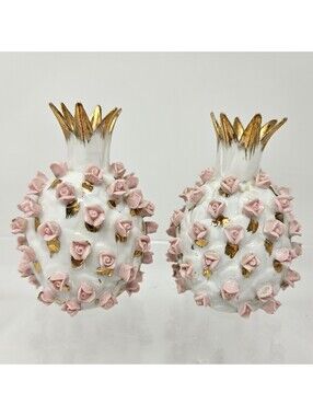 Vintage Lefton Japan Pineapple Shape Pink Rose Salt And Pepper Set Shakers